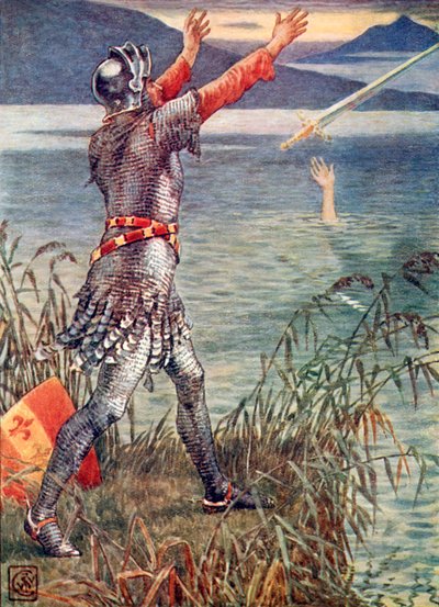 Sir Bedevere wirft das Schwert Excalibur in den See von Walter Crane